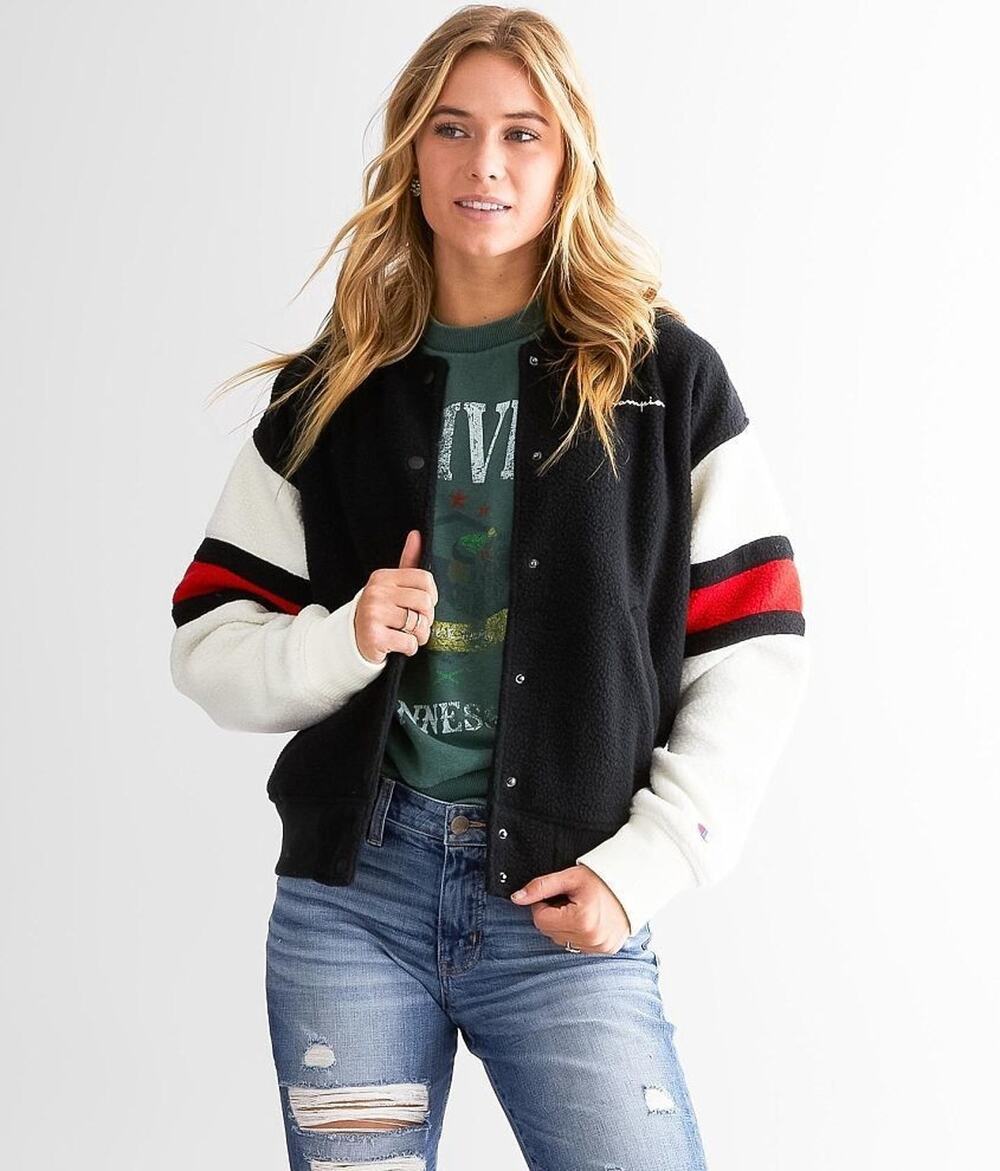 Champion Sherpa Fleece Varsity Jacket Womens Small Black Cream Red Snap Front